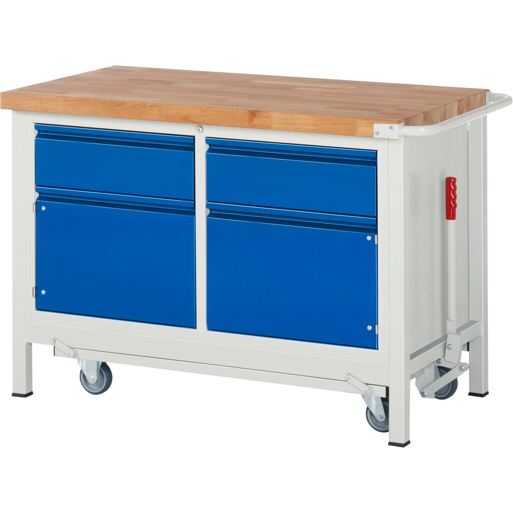 Pracovní stůl RAU řada 8000 se zapuštěným pojezdem, 1 dvojitý kontejner, VxŠxH 880 x 1250 x 700 mm, 2x zásuvka, 1 police Obrázek produktu: Pracovní stůl RAU řada 8000 se zapuštěným pojezdem, 1 dvojitý kontejner, VxŠxH 880 x 1250 x 700 mm, 2x zásuvka, 1 police