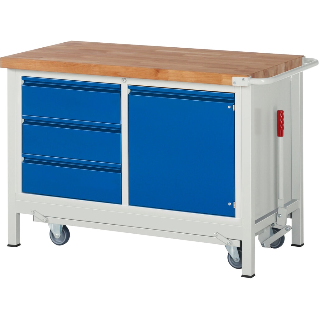 Pracovní stůl RAU řada 8000 se zapuštěným pojezdem, 1 dvojitý kontejner, VxŠxH 880 x 1250 x 700 mm, 3x zásuvka s výsuvem 90 %, 1 křídlové dveře, 1 police Obrázek produktu: Pracovní stůl RAU řada 8000 se zapuštěným pojezdem, 1 dvojitý kontejner, VxŠxH 880 x 1250 x 700 mm, 3x zásuvka s výsuvem 90 %, 1 křídlové dveře, 1 police