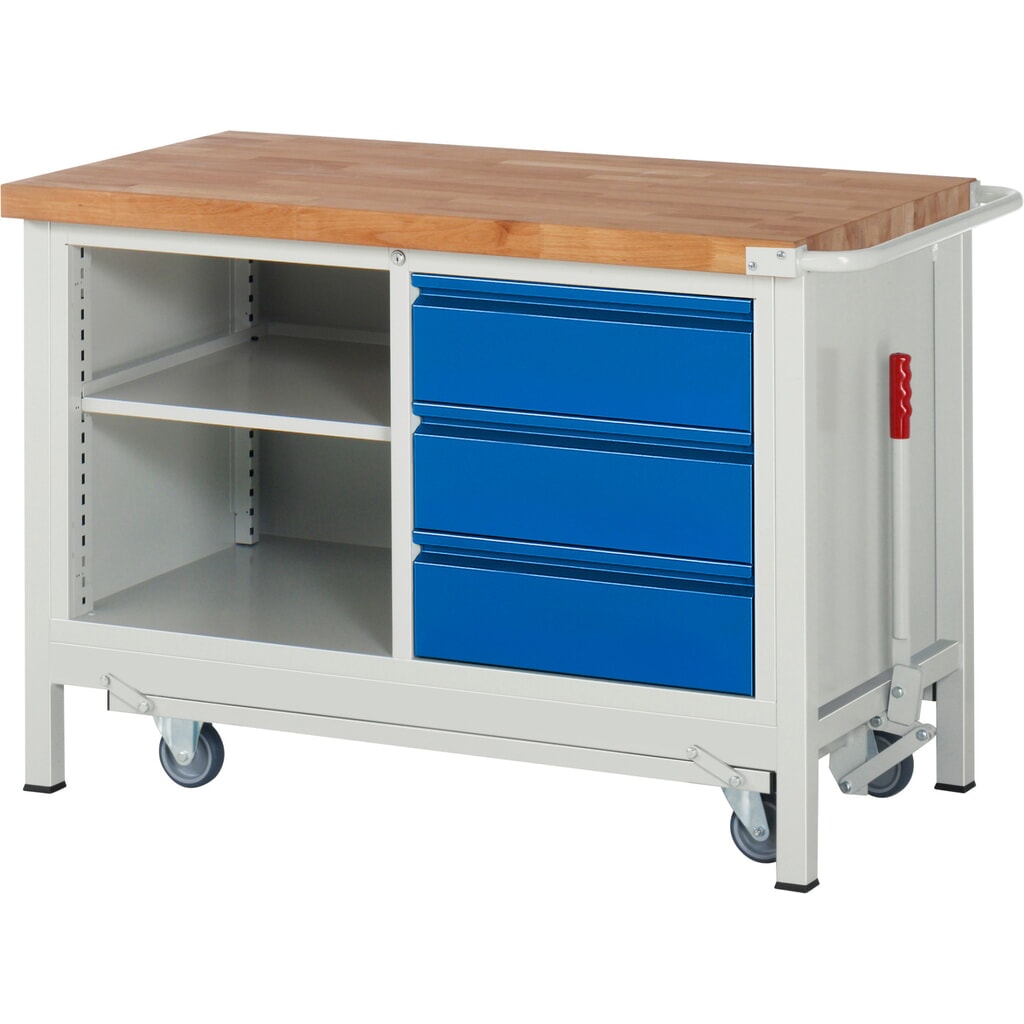 Pracovní stůl RAU řada 8000 se zapuštěným pojezdem, 1 dvojitý kontejner, VxŠxH 880 x 1250 x 700 mm, 3x zásuvka s výsuvem 90 %, 1 police Obrázek produktu: Pracovní stůl RAU řada 8000 se zapuštěným pojezdem, 1 dvojitý kontejner, VxŠxH 880 x 1250 x 700 mm, 3x zásuvka s výsuvem 90 %, 1 police