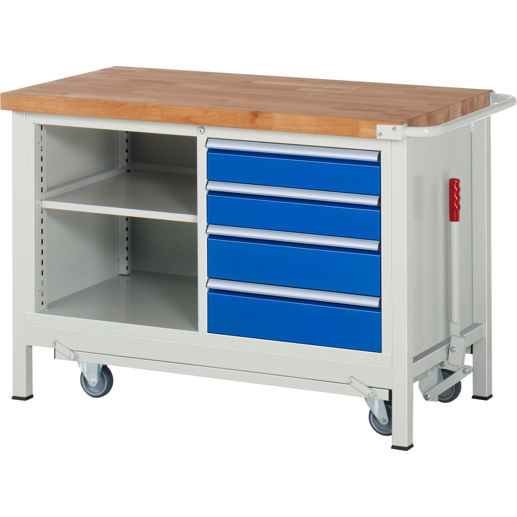 Číslo obrázku produktu 1: Pracovní stůl RAU řada 8000 se zapuštěným pojezdem, 1 dvojitý kontejner, VxŠxH 880 x 1250 x 700 mm, 4x zásuvka s výsuvem 90 %, 1 police