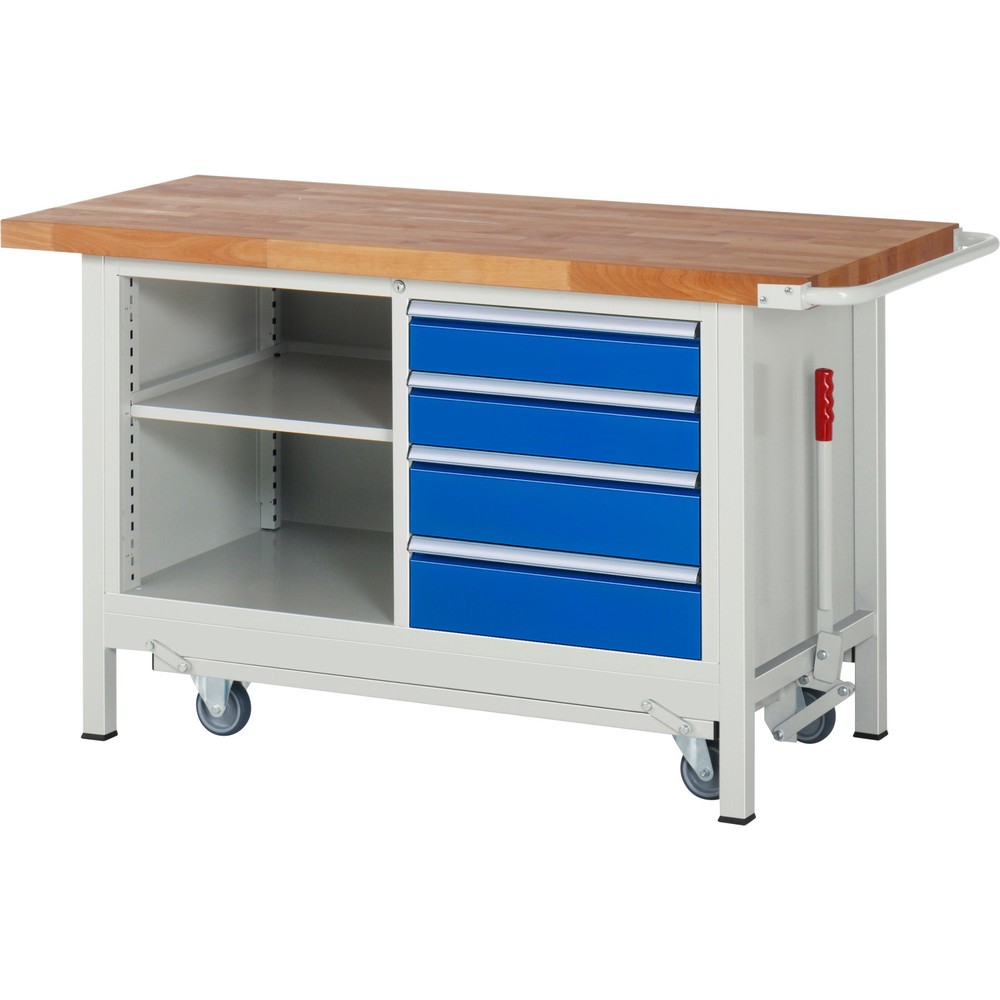 Číslo obrázku produktu 1: Pracovní stůl RAU řada 8000 se zapuštěným pojezdem, 1 dvojitý kontejner, VxŠxH 880 x 1500 x 700 mm, 4x zásuvka s výsuvem 90 %, 1 police