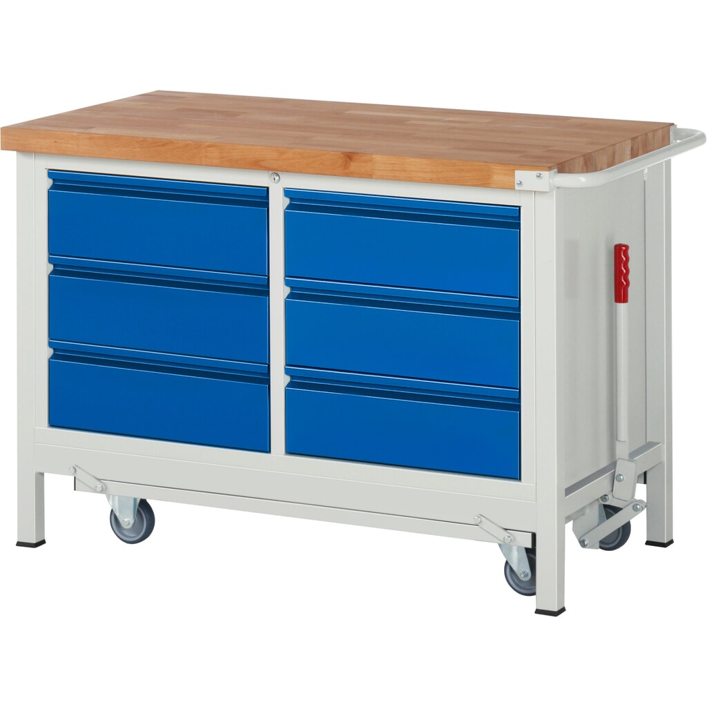 Pracovní stůl RAU řada 8000 se zapuštěným pojezdem, 1 dvojitý kontejner, VxŠxH 880 x 1250 x 700 mm, 6x zásuvka s výsuvem 90 %, 6 x 180 mm Obrázek produktu: Pracovní stůl RAU řada 8000 se zapuštěným pojezdem, 1 dvojitý kontejner, VxŠxH 880 x 1250 x 700 mm, 6x zásuvka s výsuvem 90 %, 6 x 180 mm
