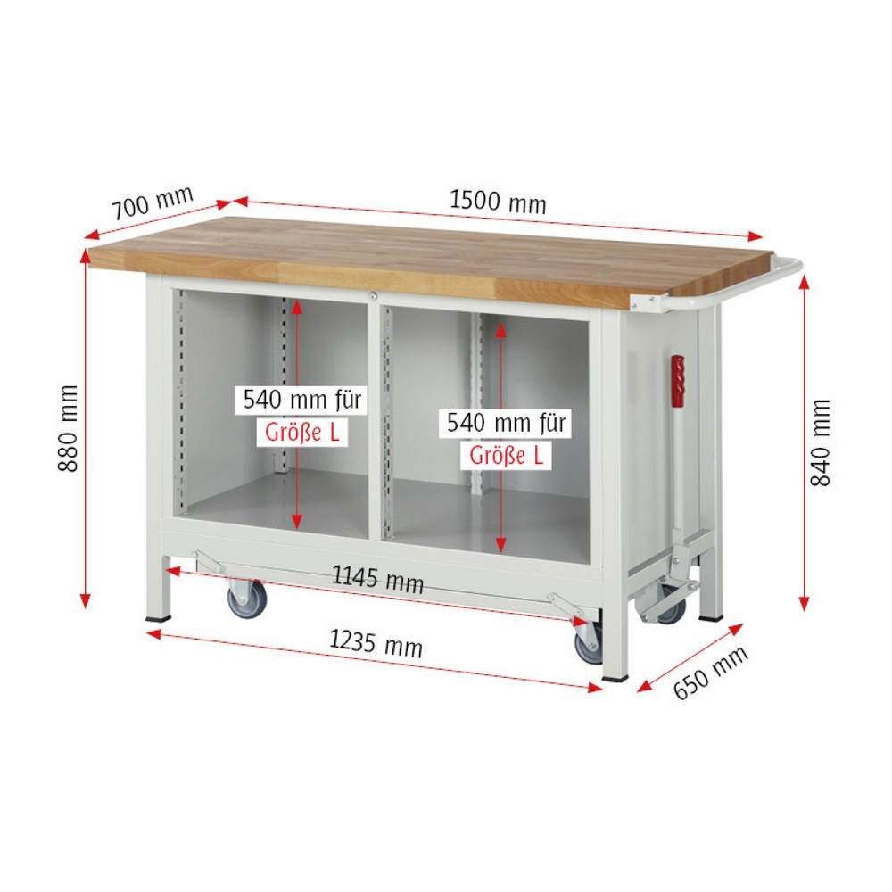 Číslo obrázku produktu 7: Pracovní stůl RAU řada 8000 se zapuštěným pojezdem, 1 dvojitý kontejner, VxŠxH 880 x 1500 x 700 mm, 4x zásuvka 2 x 90 mm, 2 x 180 mm, 1 křídlové dveře, 1 police