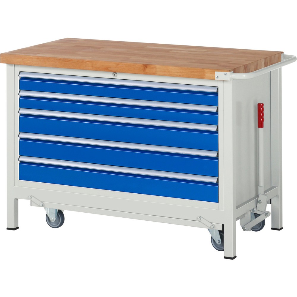 Číslo obrázku produktu 1: Pracovní stůl RAU řada 8000 se zapuštěným pojezdem, 1 kontejner, VxŠxH 880 x 1 250 x 700 mm, 5x zásuvka s výsuvem 100 %, nosnost zásuvky 50 kg