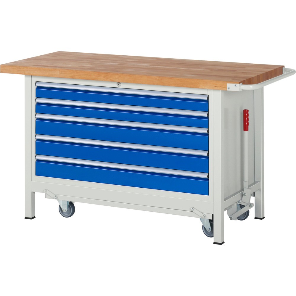 Číslo obrázku produktu 1: Pracovní stůl RAU řada 8000 se zapuštěným pojezdem, 1 kontejner, VxŠxH 880 x 1 500 x 700 mm, 5x zásuvka s výsuvem 100 %, nosnost zásuvky 50 kg