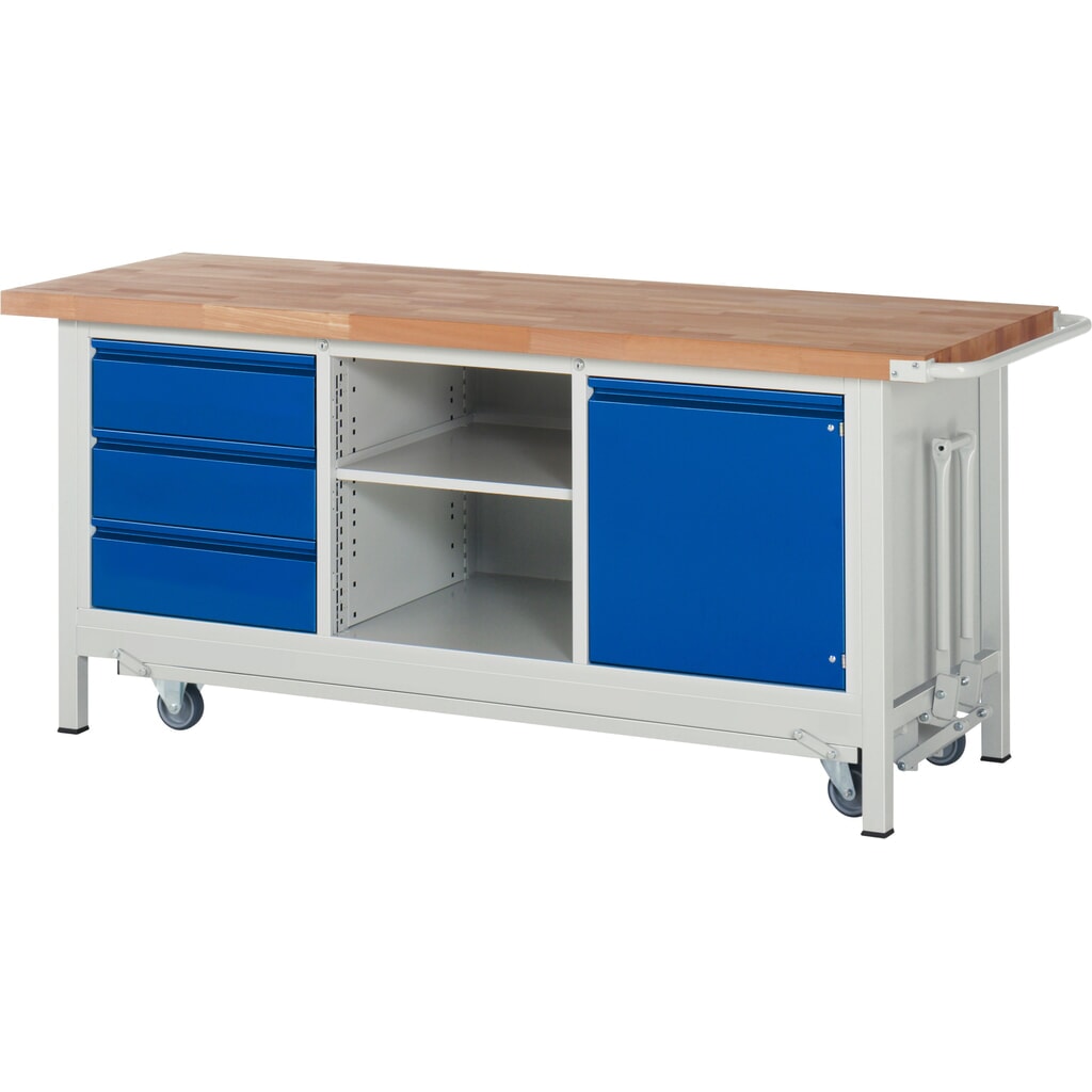 Pracovní stůl RAU řada 8000 se zapuštěným pojezdem, 1 trojitý kontejner, VxŠxH 880 x 2000 x 700 mm, 3x zásuvka s výsuvem 90 %, 1 křídlové dveře, 1 police Obrázek produktu: Pracovní stůl RAU řada 8000 se zapuštěným pojezdem, 1 trojitý kontejner, VxŠxH 880 x 2000 x 700 mm, 3x zásuvka s výsuvem 90 %, 1 křídlové dveře, 1 police
