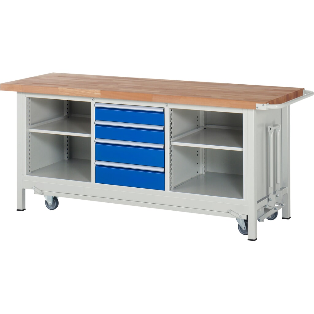 Pracovní stůl RAU řada 8000 se zapuštěným pojezdem, 1 trojitý kontejner, VxŠxH 880 x 2000 x 700 mm, 4x zásuvka s výsuvem 100 %, 1 police Obrázek produktu: Pracovní stůl RAU řada 8000 se zapuštěným pojezdem, 1 trojitý kontejner, VxŠxH 880 x 2000 x 700 mm, 4x zásuvka s výsuvem 100 %, 1 police
