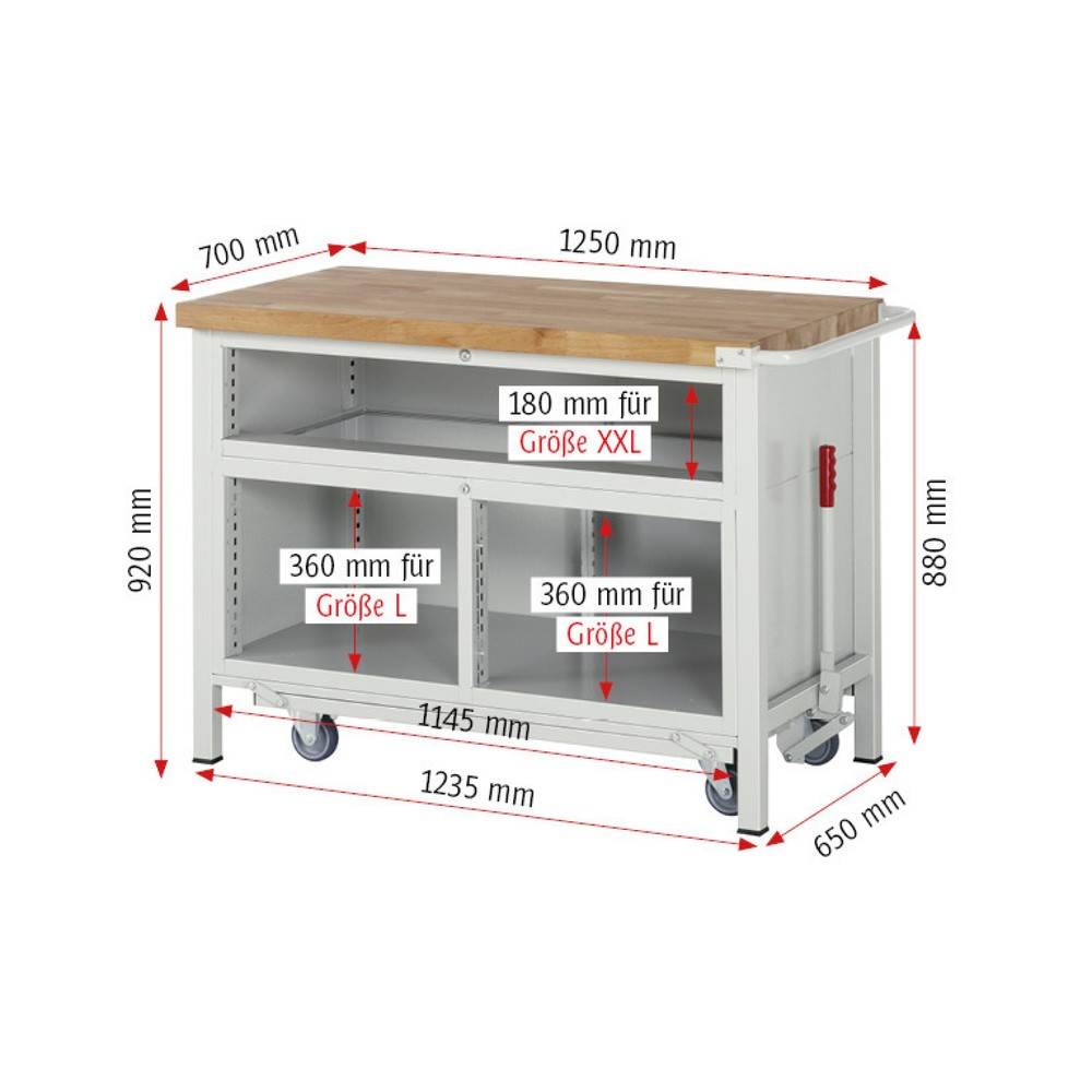 Číslo obrázku produktu 7: Pracovní stůl RAU řada 8000 se zapuštěným pojezdem, 1x trojitý kontejner, VxŠxH 920 x 1250 x 700 mm, 5x zásuvka, 1 křídlové dveře