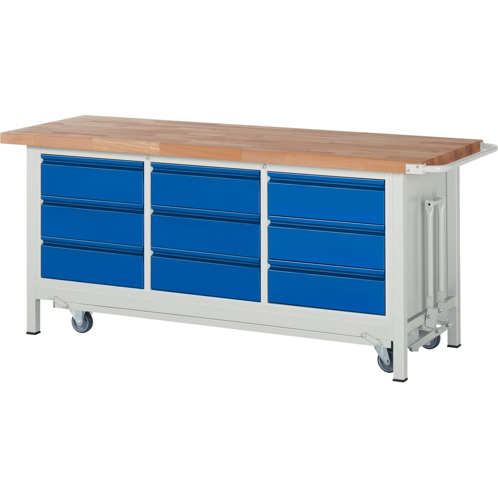 Pracovní stůl RAU řada 8000 se zapuštěným pojezdem, 1 trojitý kontejner, VxŠxH 880 x 2000 x 700 mm, 9x zásuvka s výsuvem 90 %, 9 x 180 mm Obrázek produktu: Pracovní stůl RAU řada 8000 se zapuštěným pojezdem, 1 trojitý kontejner, VxŠxH 880 x 2000 x 700 mm, 9x zásuvka s výsuvem 90 %, 9 x 180 mm