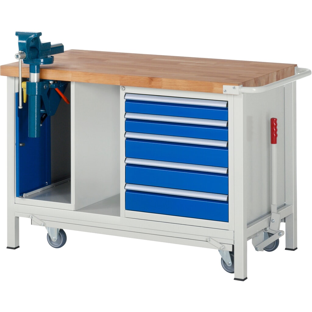 Obrázek produktu: Pracovní stůl RAU řada 8000 se zapuštěným pojezdem, 2x kontejner, 1 odkládací police, VxŠxH 880 x 1250 x 700 mm, 5x zásuvka s výsuvem 90 %