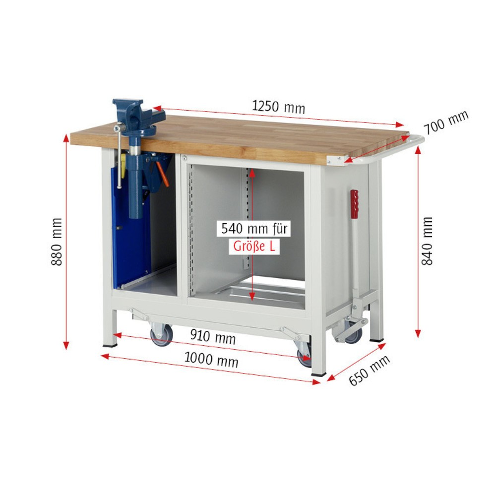 Číslo obrázku produktu 11: Pracovní stůl RAU řada 8000 se zapuštěným pojezdem, 2 kontejnery, VxŠxH 880 x 1250 x 700 mm, 3x zásuvka s výsuvem 90 %