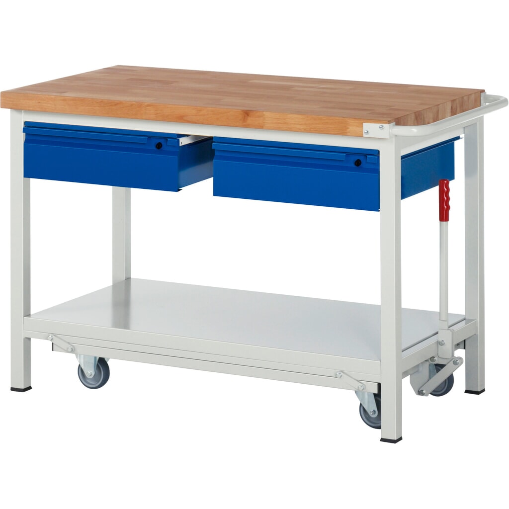 Pracovní stůl RAU řada 8000 se zapuštěným pojezdem, 2x zásuvka, 1x odkládací police, VxŠxH 880 x 1250 x 700 mm, 2x zásuvka Obrázek produktu: Pracovní stůl RAU řada 8000 se zapuštěným pojezdem, 2x zásuvka, 1x odkládací police, VxŠxH 880 x 1250 x 700 mm, 2x zásuvka