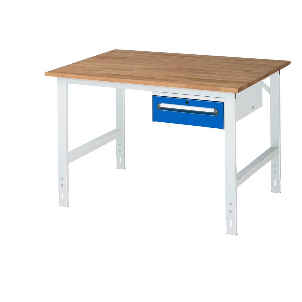 Číslo obrázku produktu 1: Pracovní stůl RAU ve výškově nastavitelném provedení, řada TOM, VxŠxH 760-1080 x 1 250 x 1000 mm, 1 zásuvka, pracovní deska z bukového masivu