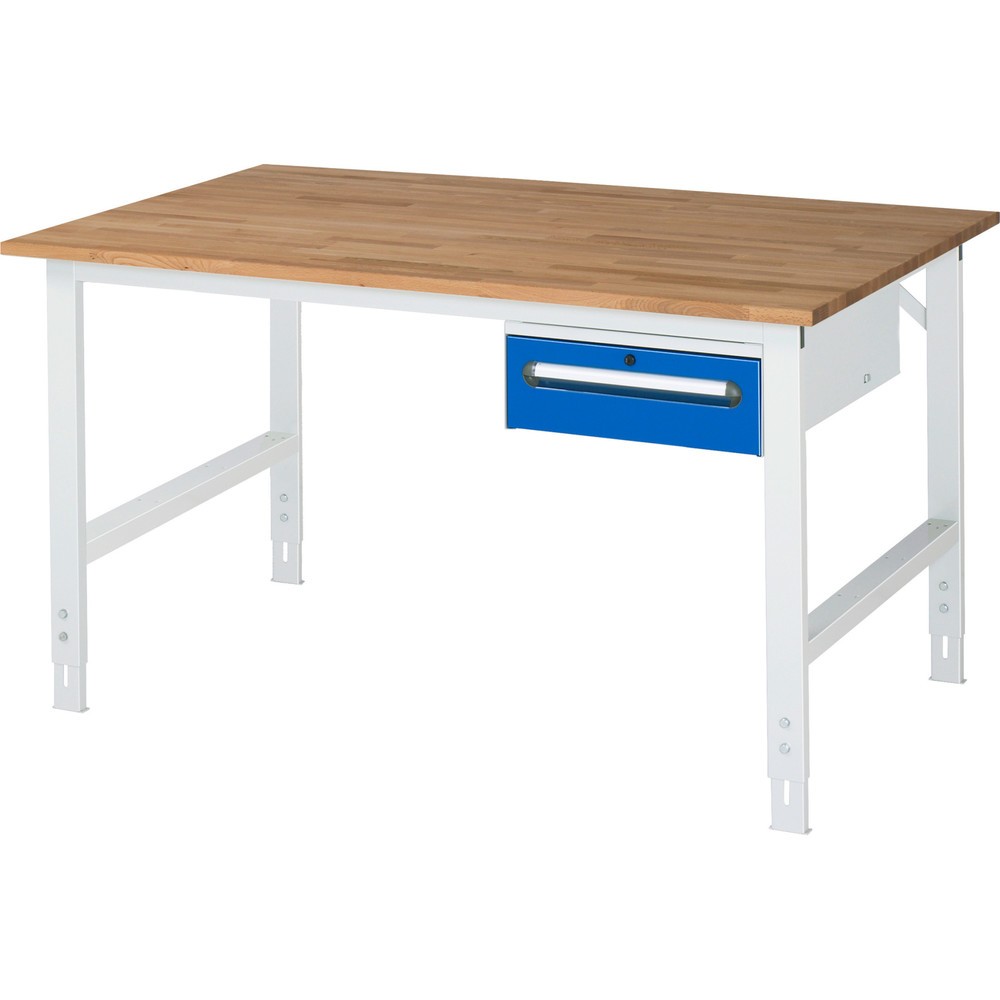 Číslo obrázku produktu 1: Pracovní stůl RAU ve výškově nastavitelném provedení, řada TOM, VxŠxH 760-1080 x 1 500 x 1000 mm, 1 zásuvka, pracovní deska z bukového masivu