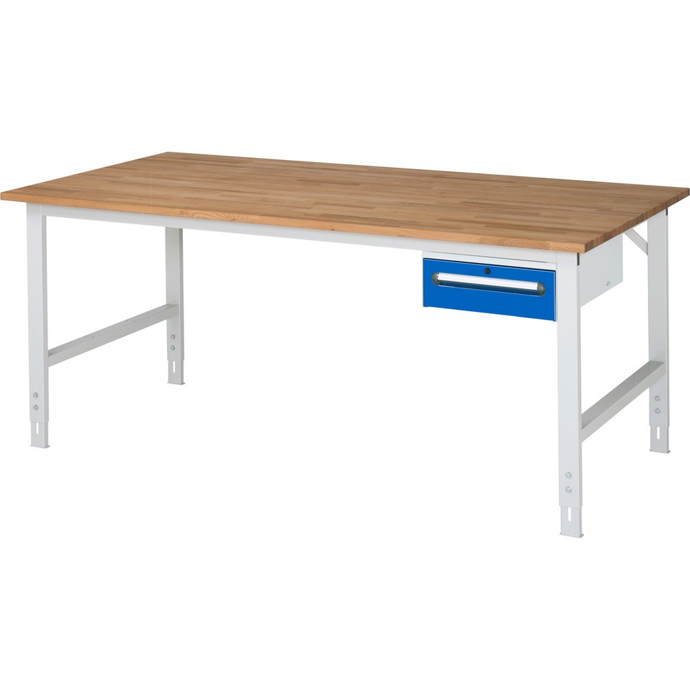 Číslo obrázku produktu 1: Pracovní stůl RAU ve výškově nastavitelném provedení, řada TOM, VxŠxH 760-1080 x 2 500 x 1000 mm, 1 zásuvka, pracovní deska z bukového masivu
