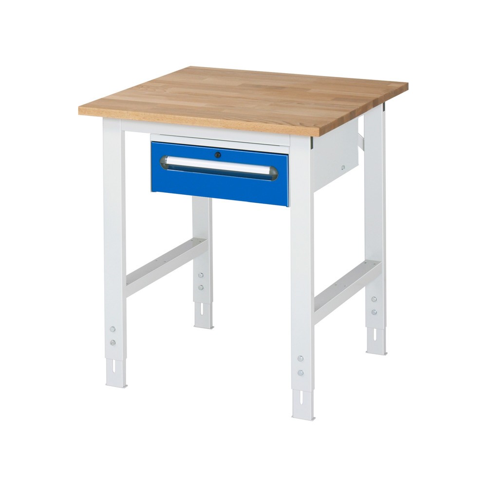 Číslo obrázku produktu 1: Pracovní stůl RAU ve výškově nastavitelném provedení, řada TOM, VxŠxH 760-1080 x 750 x 800 mm, 1 zásuvka, pracovní deska z bukového masivu