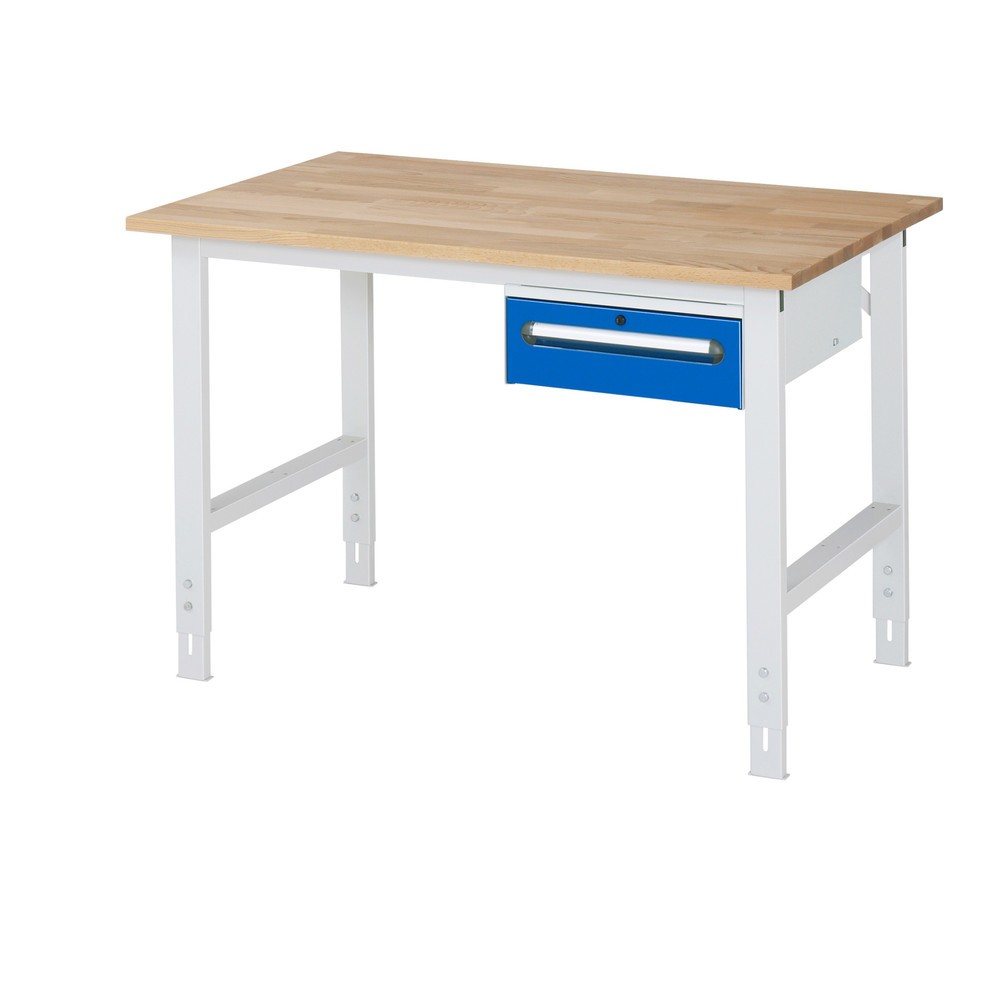 Číslo obrázku produktu 1: Pracovní stůl RAU ve výškově nastavitelném provedení, řada TOM, VxŠxH 760-1080 x 1 250 x 800 mm, 1 zásuvka, pracovní deska z bukového masivu