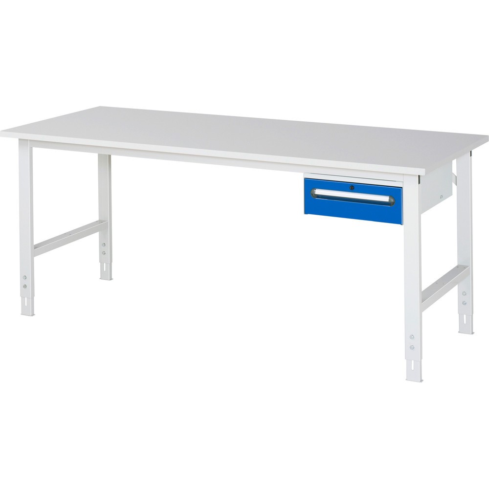 Obrázek produktu: Pracovní stůl RAU ve výškově nastavitelném provedení, řada TOM, VxŠxH 760-1080 x 2500 x 800 mm, 1 zásuvka, pracovní deska s melaminovým povrchem
