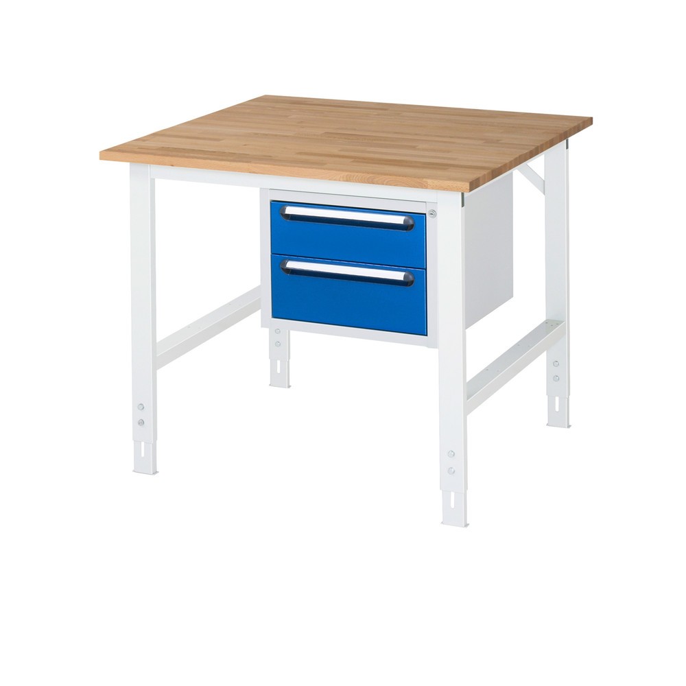 Číslo obrázku produktu 1: Pracovní stůl RAU ve výškově nastavitelném provedení, řada TOM, VxŠxH 760-1 080 x 1 000 x 1000 mm, 2 zásuvky, pracovní deska z bukového masivu