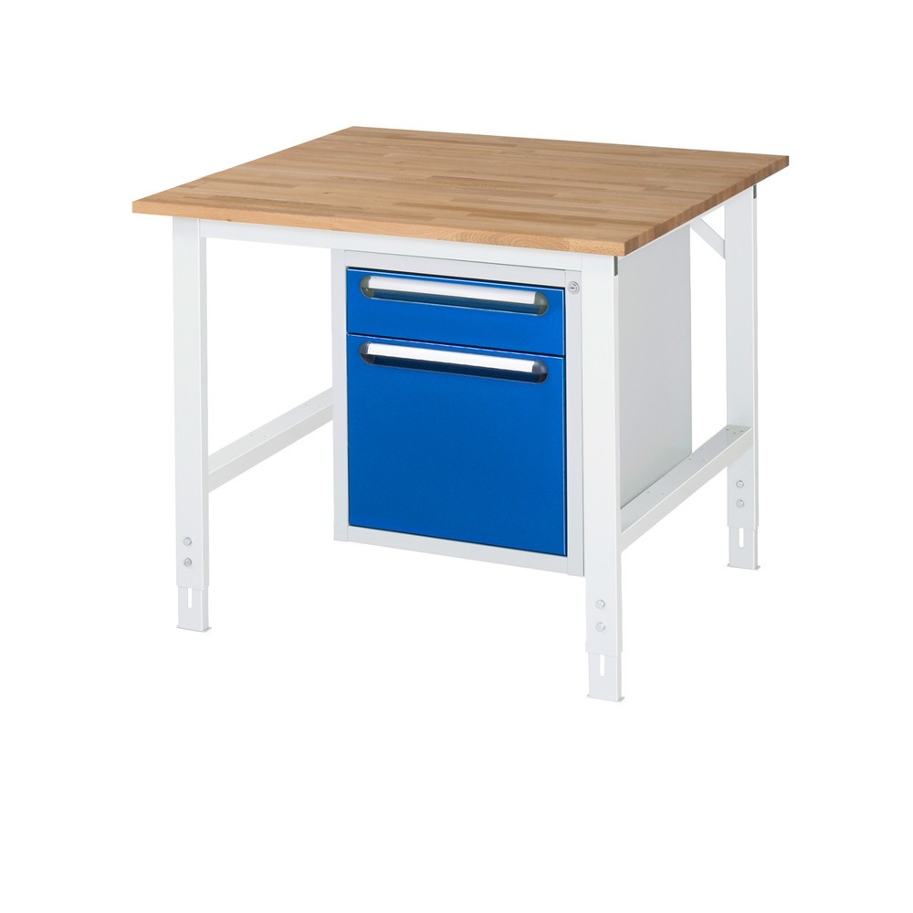 Číslo obrázku produktu 1: Pracovní stůl RAU ve výškově nastavitelném provedení, řada TOM, VxŠxH 760-1 080 x 1 000 x 1000 mm, 2 zásuvky, pracovní deska z bukového masivu