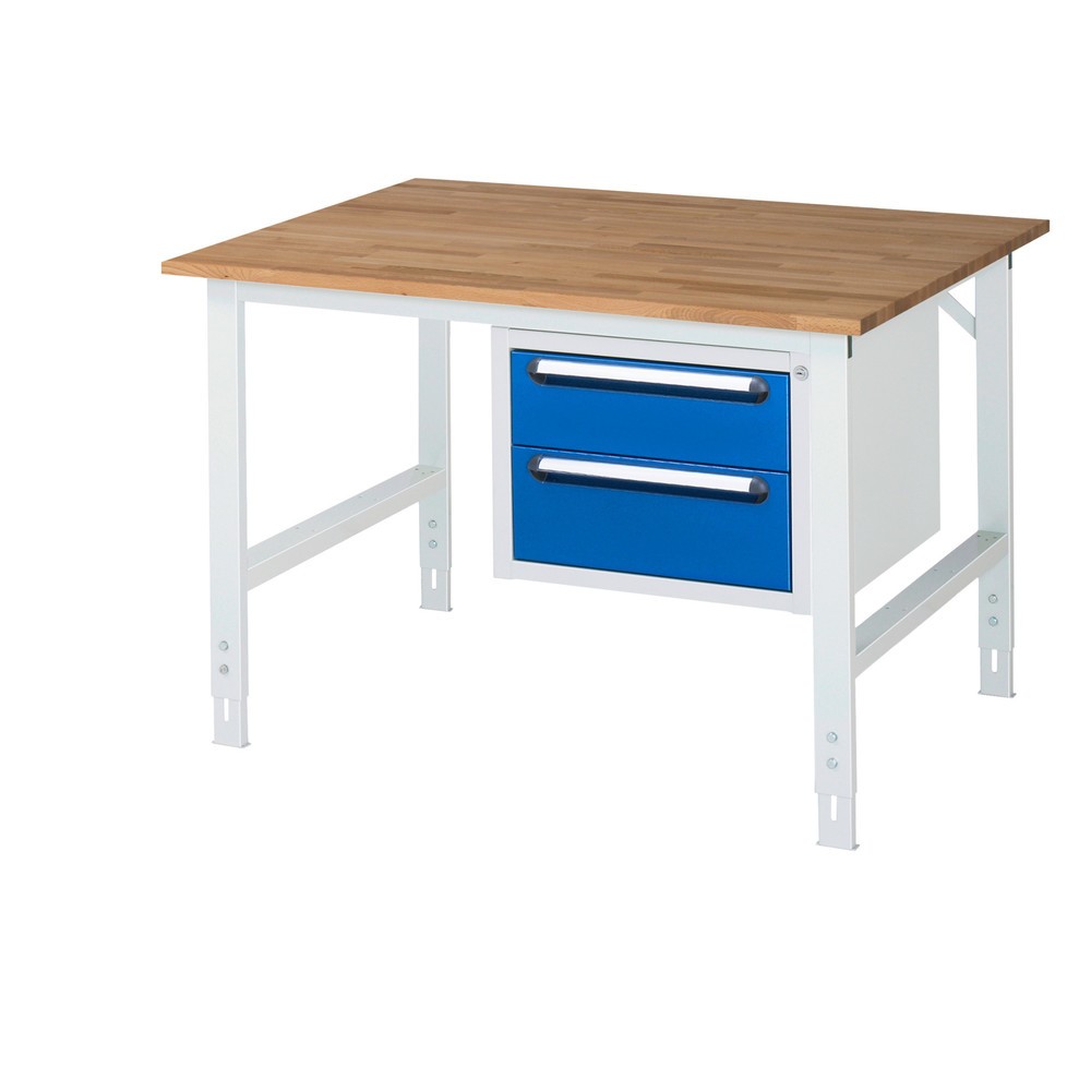 Číslo obrázku produktu 1: Pracovní stůl RAU ve výškově nastavitelném provedení, řada TOM, VxŠxH 760-1 080 x 1 250 x 1000 mm, 2 zásuvky, pracovní deska z bukového masivu