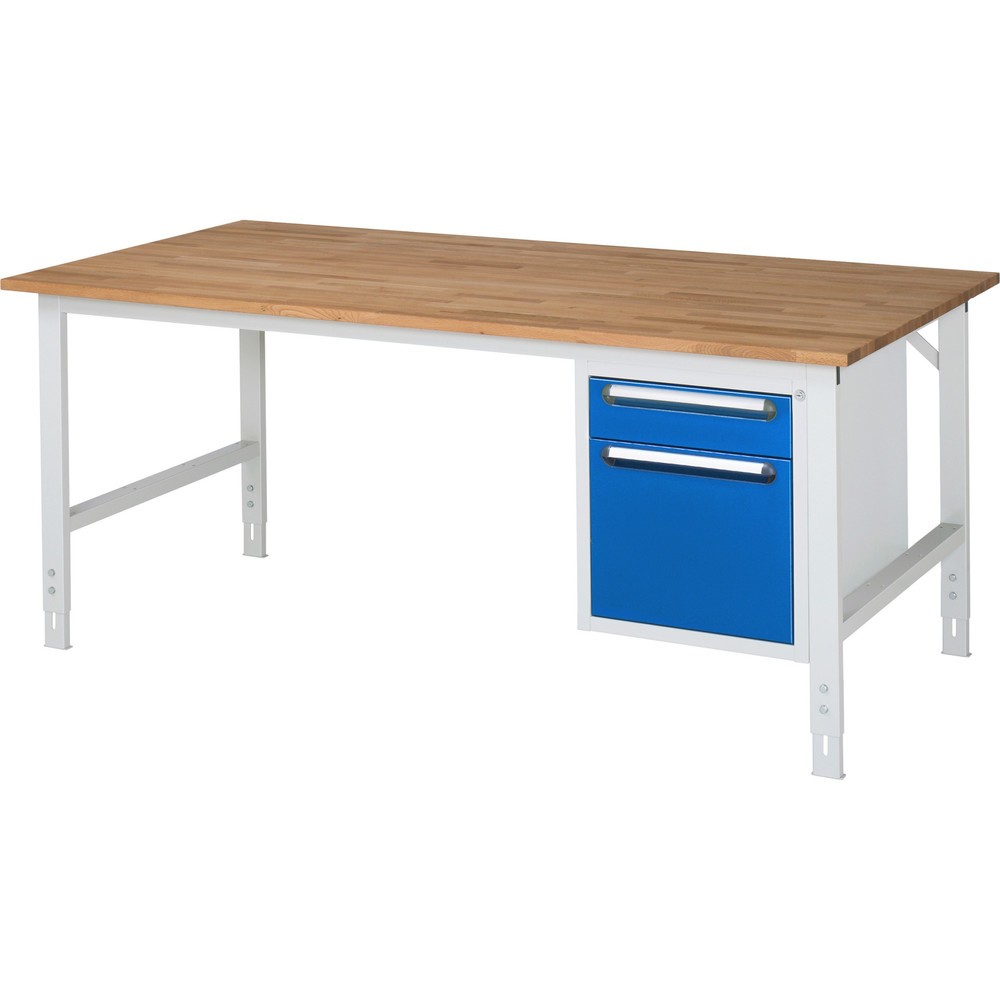 Číslo obrázku produktu 1: Pracovní stůl RAU ve výškově nastavitelném provedení, řada TOM, VxŠxH 760-1 080 x 2 500 x 1000 mm, 2 zásuvky, pracovní deska z bukového masivu