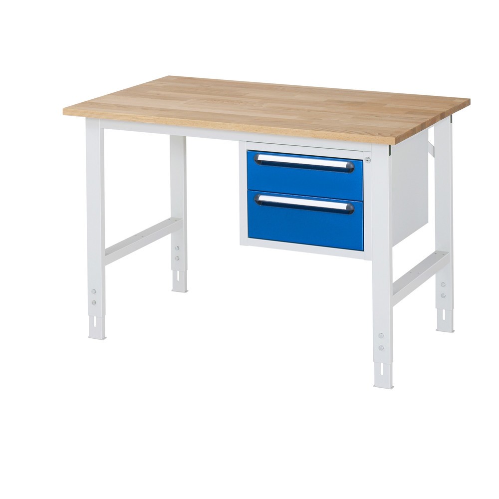 Číslo obrázku produktu 1: Pracovní stůl RAU ve výškově nastavitelném provedení, řada TOM, VxŠxH 760-1 080 x 1 250 x 800 mm, 2 zásuvky, pracovní deska z bukového masivu