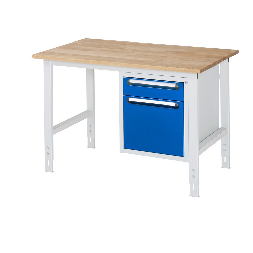 Obrázek produktu: Pracovní stůl RAU ve výškově nastavitelném provedení, řada TOM, VxŠxH 760-1 080 x 1 250 x 800 mm, 2 zásuvky, pracovní deska z bukového masivu