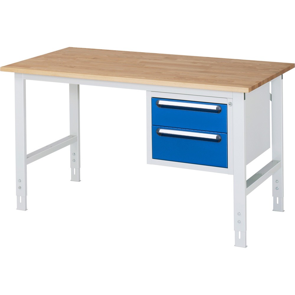 Číslo obrázku produktu 1: Pracovní stůl RAU ve výškově nastavitelném provedení, řada TOM, VxŠxH 760-1 080 x 1 500 x 800 mm, 2 zásuvky, pracovní deska z bukového masivu