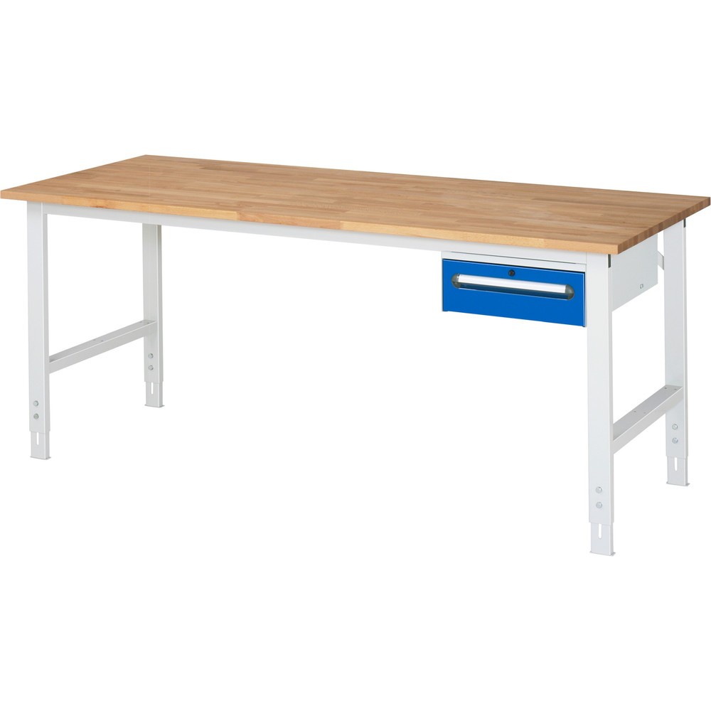 Číslo obrázku produktu 1: Pracovní stůl RAU ve výškově nastavitelném provedení, řada TOM, VxŠxH 760-1 080 x 2 500 x 800 mm, 2 zásuvky, pracovní deska z bukového masivu
