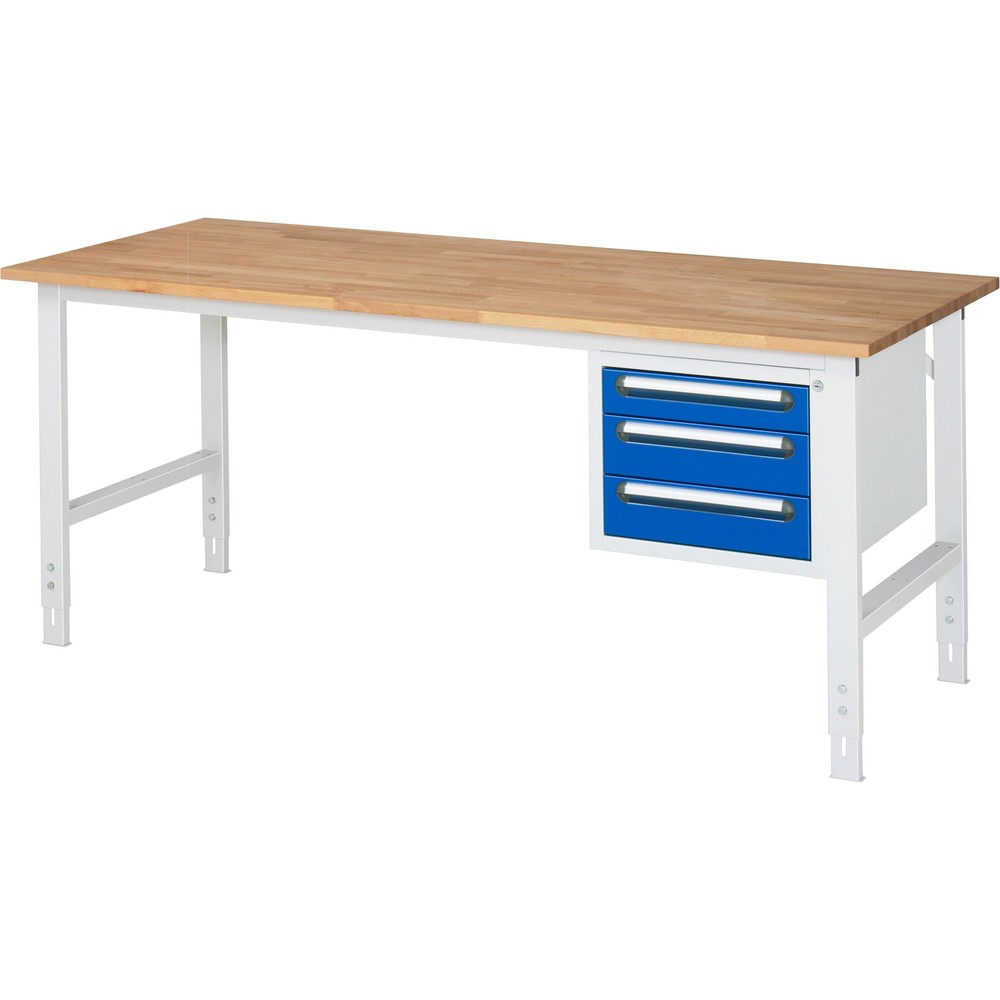 Číslo obrázku produktu 1: Pracovní stůl RAU ve výškově nastavitelném provedení, řada TOM, VxŠxH 760-1 080 x 2 500 x 800 mm, 2 zásuvky, pracovní deska z bukového masivu