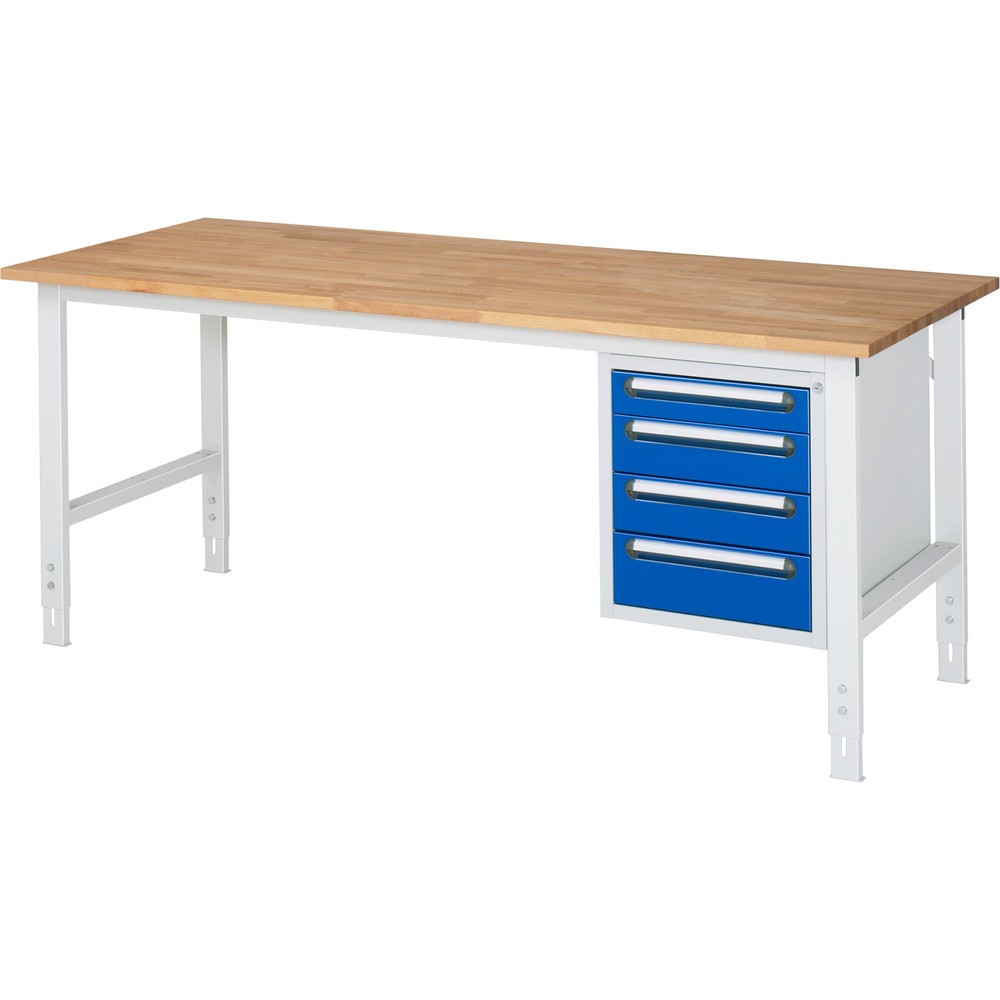 Číslo obrázku produktu 1: Pracovní stůl RAU ve výškově nastavitelném provedení, řada TOM, VxŠxH 760-1 080 x 2 500 x 800 mm, 2 zásuvky, pracovní deska z bukového masivu