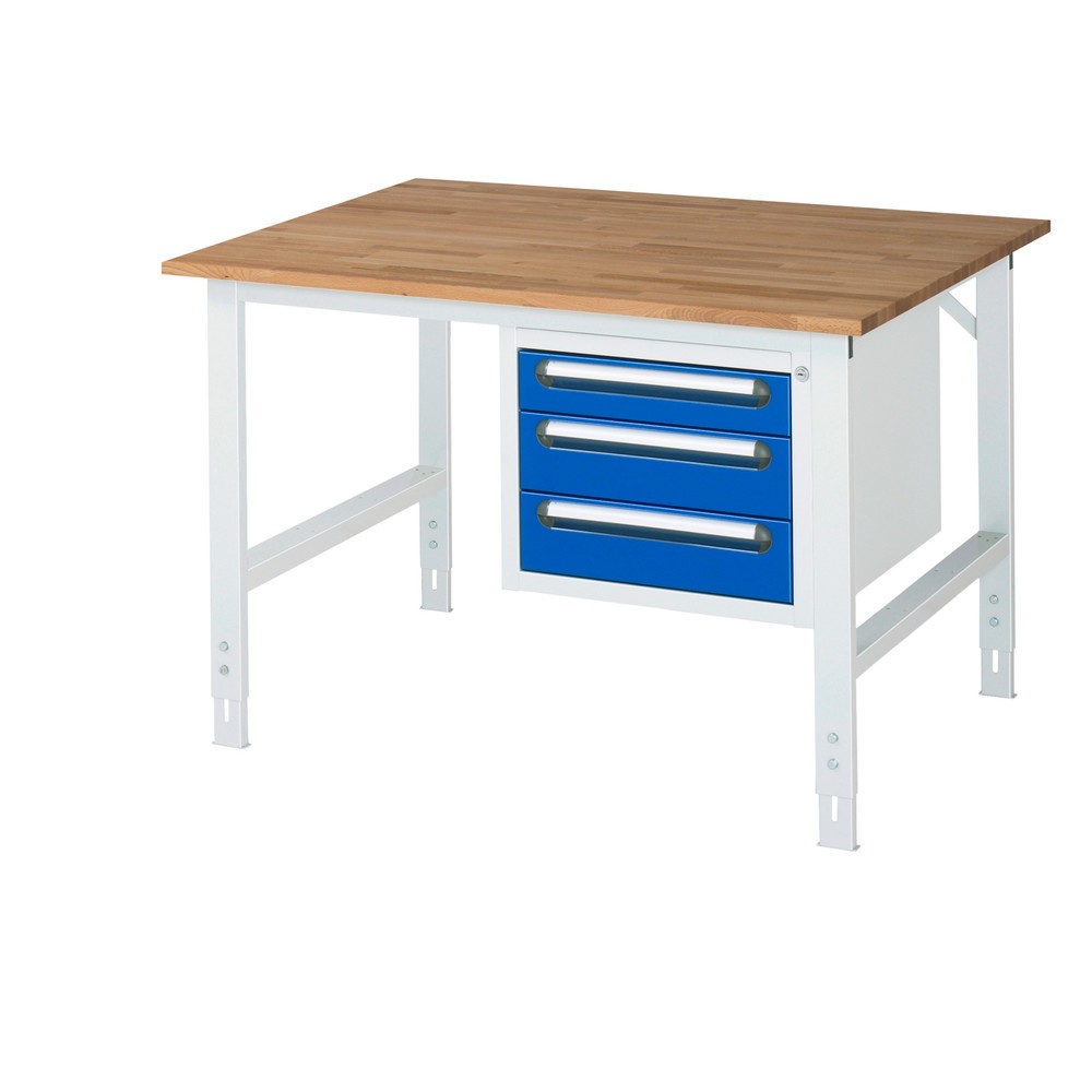 Obrázek produktu: Pracovní stůl RAU ve výškově nastavitelném provedení, řada TOM, VxŠxH 760-1 080 x 1 250 x 1000 mm, 3 zásuvky, pracovní deska z bukového masivu