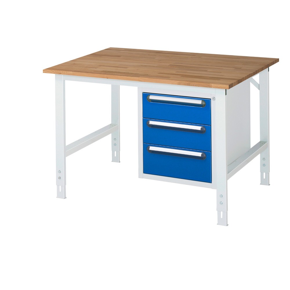 Číslo obrázku produktu 1: Pracovní stůl RAU ve výškově nastavitelném provedení, řada TOM, VxŠxH 760-1 080 x 1 250 x 1000 mm, 3 zásuvky, pracovní deska z bukového masivu