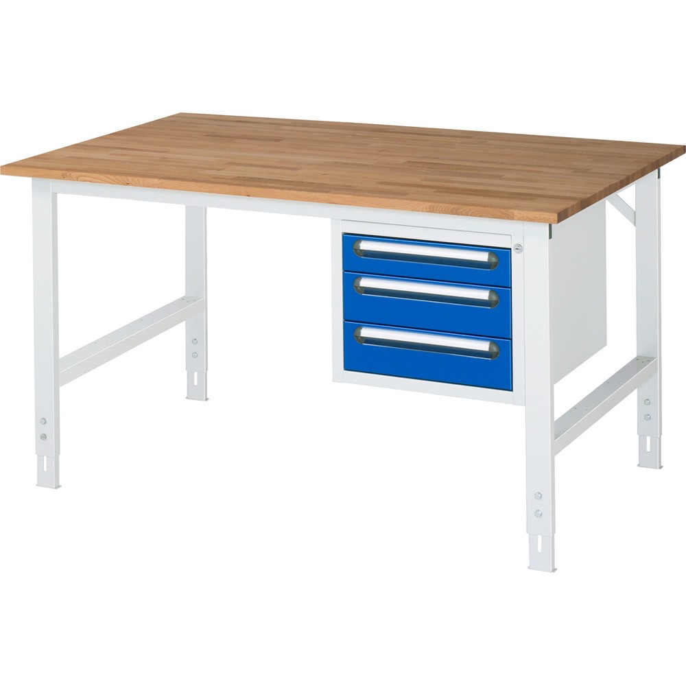 Číslo obrázku produktu 1: Pracovní stůl RAU ve výškově nastavitelném provedení, řada TOM, VxŠxH 760-1 080 x 1 500 x 1000 mm, 3 zásuvky, pracovní deska z bukového masivu
