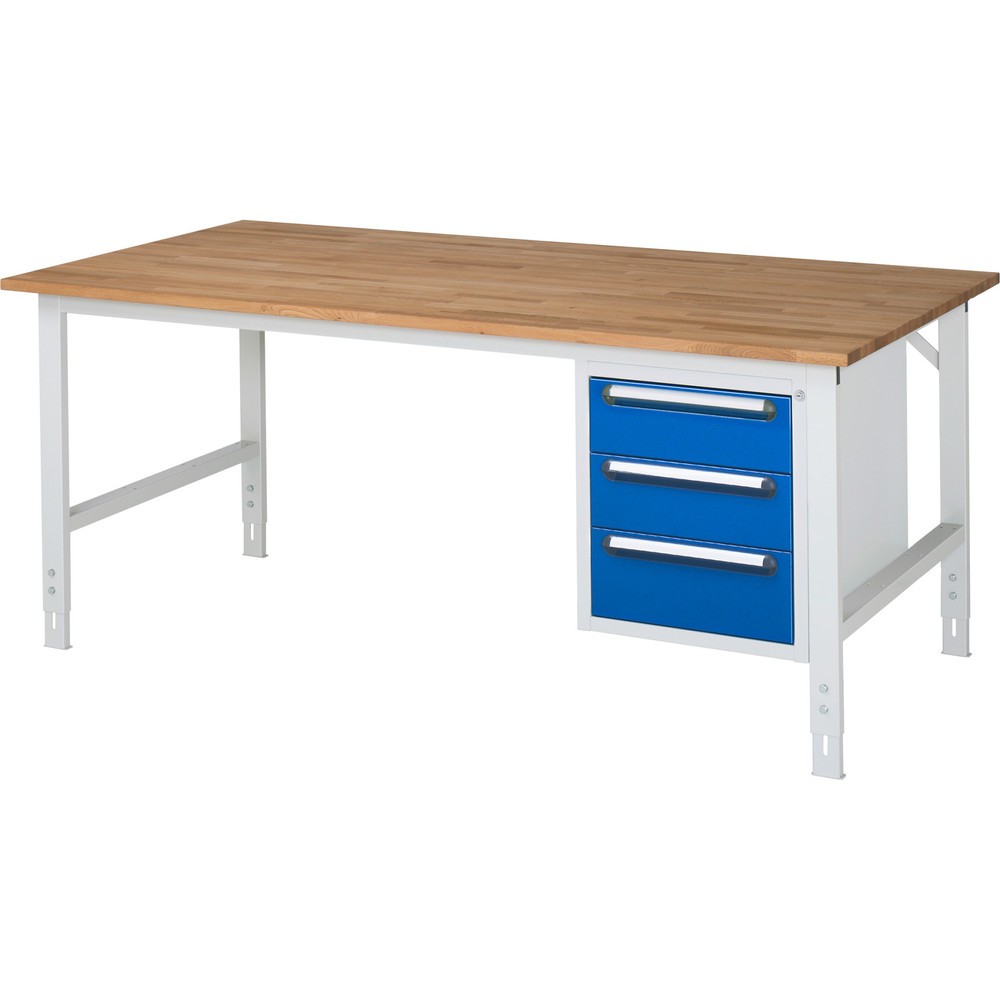 Číslo obrázku produktu 1: Pracovní stůl RAU ve výškově nastavitelném provedení, řada TOM, VxŠxH 760-1 080 x 2 500 x 1000 mm, 3 zásuvky, pracovní deska z bukového masivu
