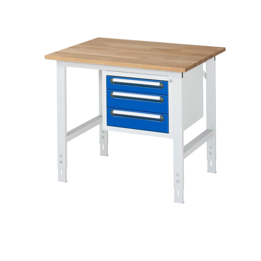 Číslo obrázku produktu 1: Pracovní stůl RAU ve výškově nastavitelném provedení, řada TOM, VxŠxH 760-1 080 x 1 000 x 800 mm, 3 zásuvky, pracovní deska z bukového masivu