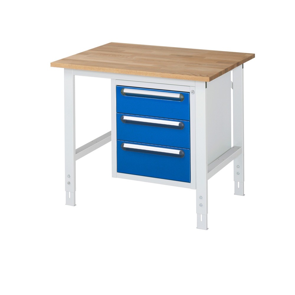 Číslo obrázku produktu 1: Pracovní stůl RAU ve výškově nastavitelném provedení, řada TOM, VxŠxH 760-1 080 x 1 000 x 800 mm, 3 zásuvky, pracovní deska z bukového masivu