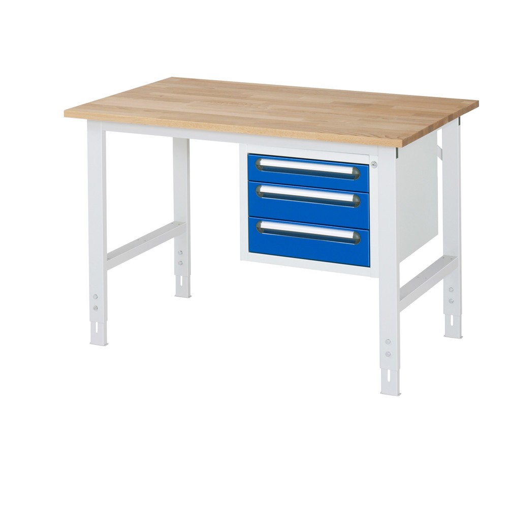 Číslo obrázku produktu 1: Pracovní stůl RAU ve výškově nastavitelném provedení, řada TOM, VxŠxH 760-1 080 x 1 250 x 800 mm, 3 zásuvky, pracovní deska z bukového masivu