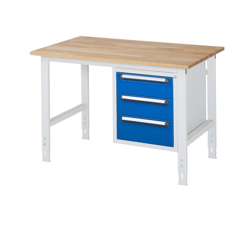 Číslo obrázku produktu 1: Pracovní stůl RAU ve výškově nastavitelném provedení, řada TOM, VxŠxH 760-1 080 x 1 250 x 800 mm, 3 zásuvky, pracovní deska z bukového masivu