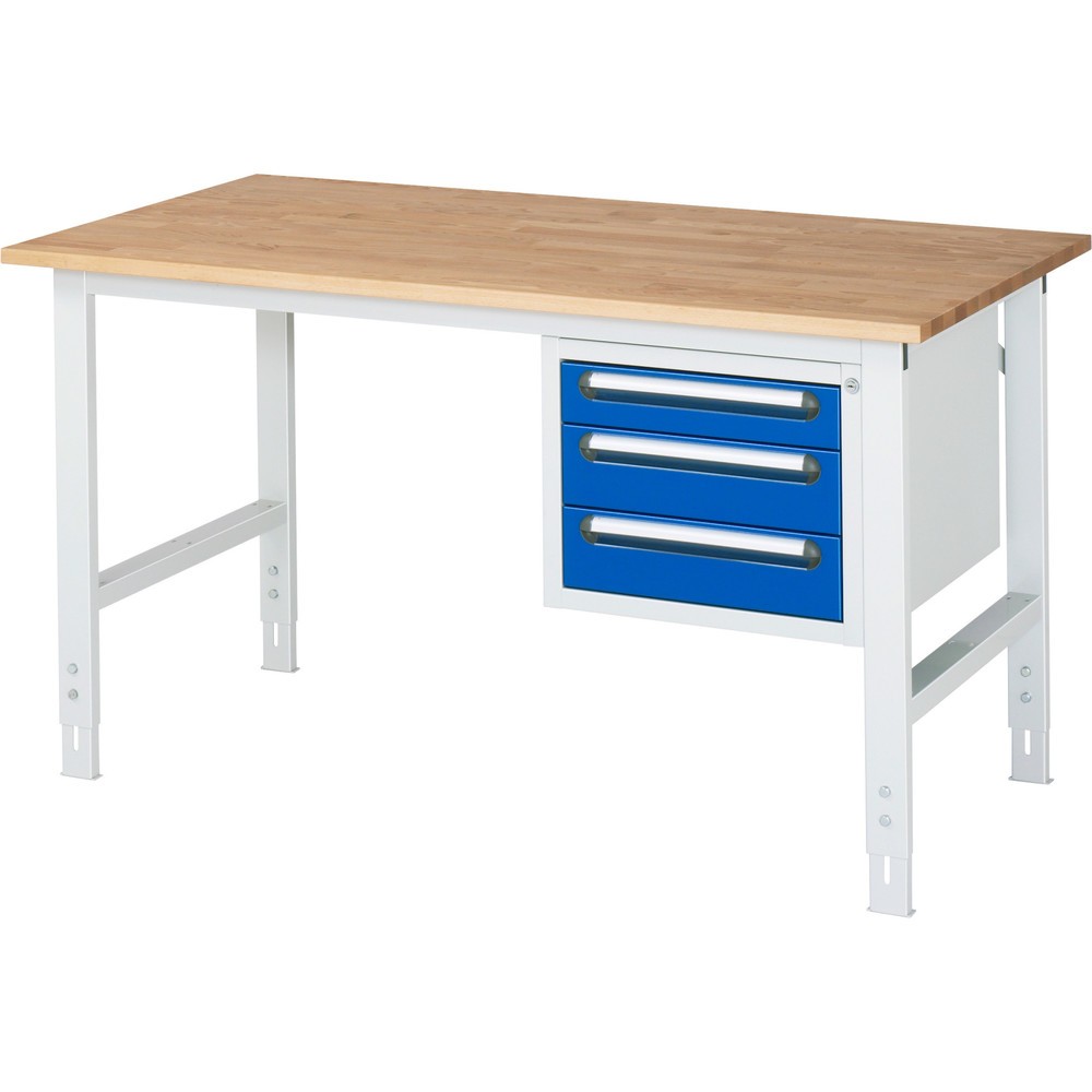 Číslo obrázku produktu 1: Pracovní stůl RAU ve výškově nastavitelném provedení, řada TOM, VxŠxH 760-1 080 x 1 500 x 800 mm, 3 zásuvky, pracovní deska z bukového masivu