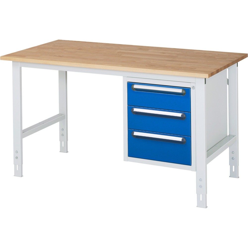 Číslo obrázku produktu 1: Pracovní stůl RAU ve výškově nastavitelném provedení, řada TOM, VxŠxH 760-1 080 x 1 500 x 800 mm, 3 zásuvky, pracovní deska z bukového masivu