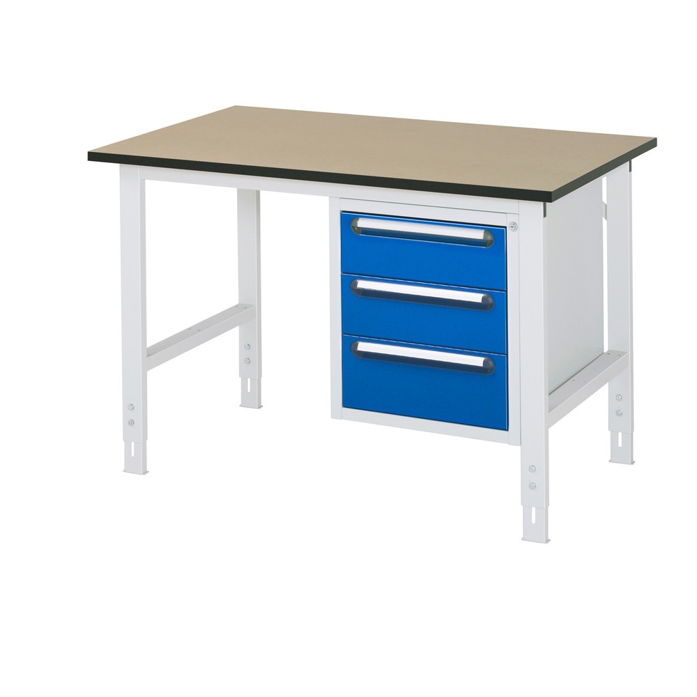 Obrázek produktu: Pracovní stůl RAU ve výškově nastavitelném provedení, řada TOM, VxŠxH 760-1080 x 1250 x 800 mm, 3 zásuvky, pracovní deska MDF