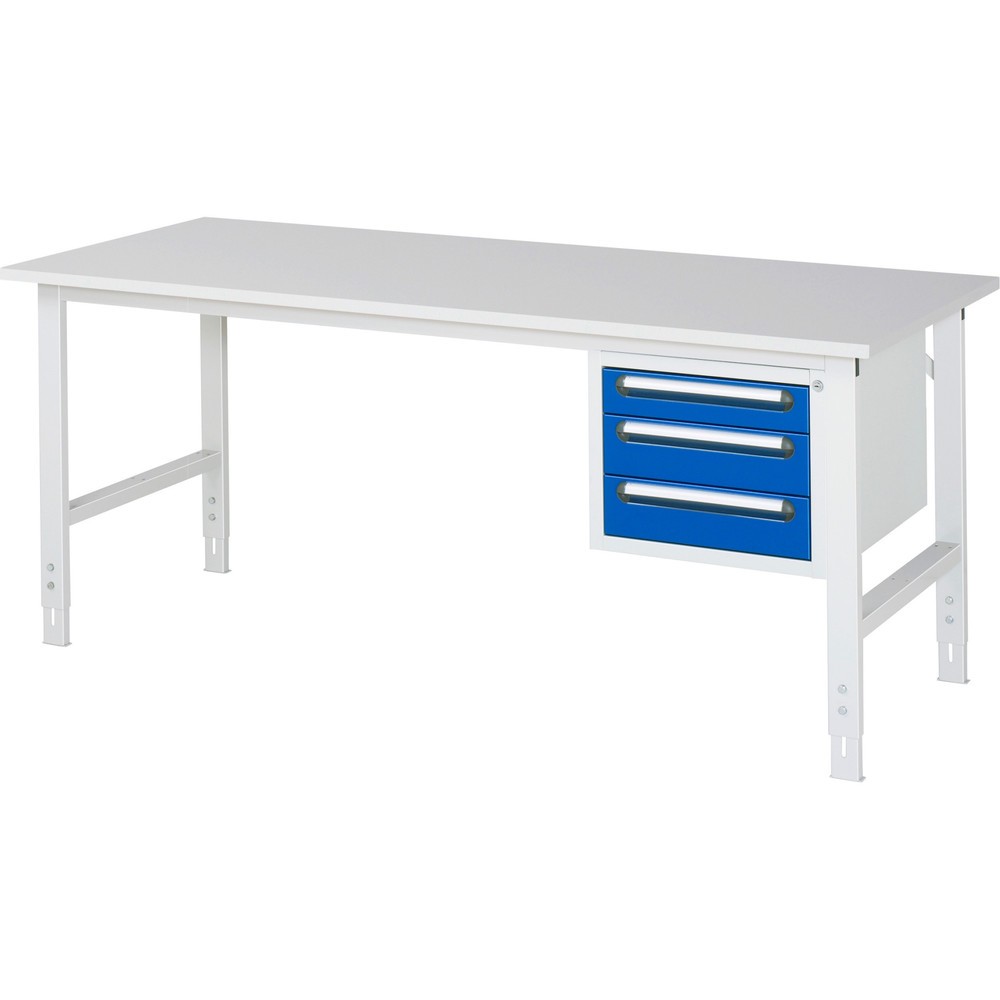 Obrázek produktu: Pracovní stůl RAU ve výškově nastavitelném provedení, řada TOM, VxŠxH 760-1080 x 2500 x 800 mm, 3 zásuvky, pracovní deska s melaminovým povrchem