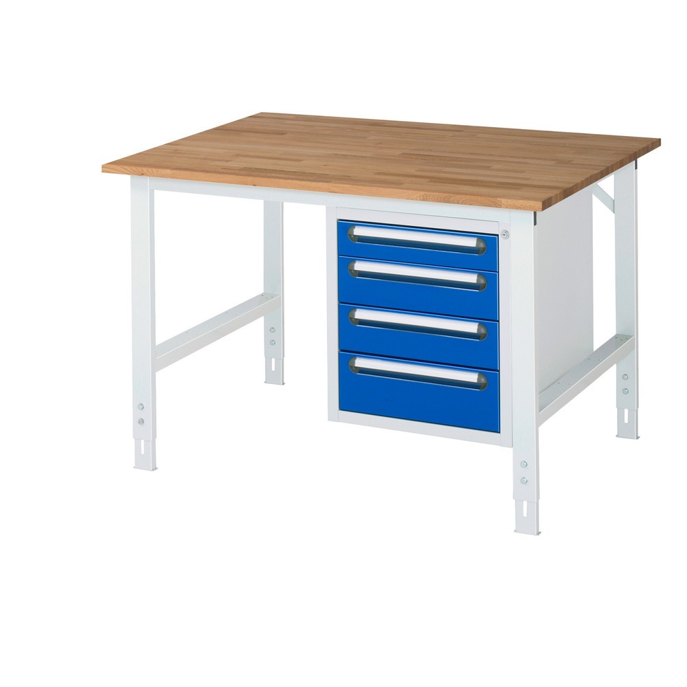 Číslo obrázku produktu 1: Pracovní stůl RAU ve výškově nastavitelném provedení, řada TOM, VxŠxH 760-1 080 x 1 250 x 1000 mm, 4 zásuvky, pracovní deska z bukového masivu