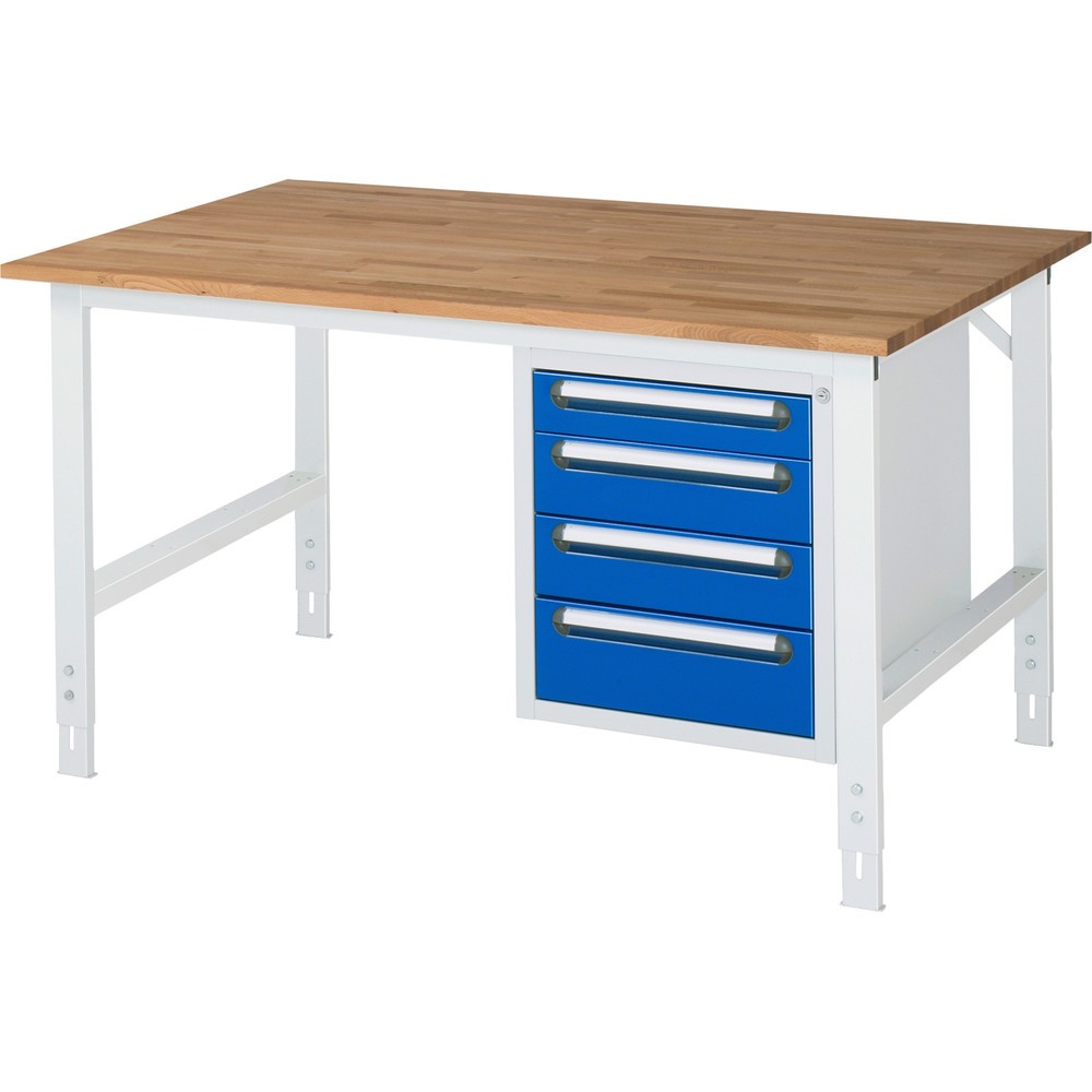 Číslo obrázku produktu 1: Pracovní stůl RAU ve výškově nastavitelném provedení, řada TOM, VxŠxH 760-1 080 x 1 500 x 1000 mm, 4 zásuvky, pracovní deska z bukového masivu