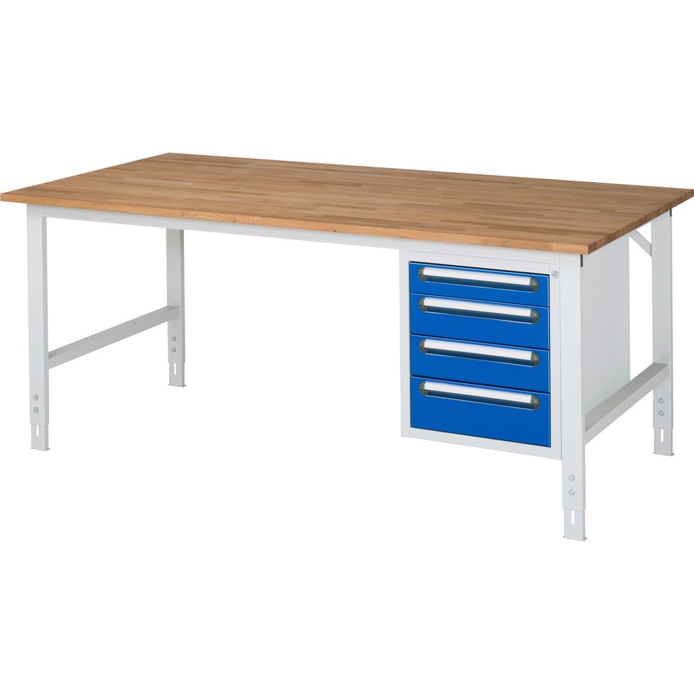 Číslo obrázku produktu 1: Pracovní stůl RAU ve výškově nastavitelném provedení, řada TOM, VxŠxH 760-1 080 x 2 500 x 1000 mm, 4 zásuvky, pracovní deska z bukového masivu