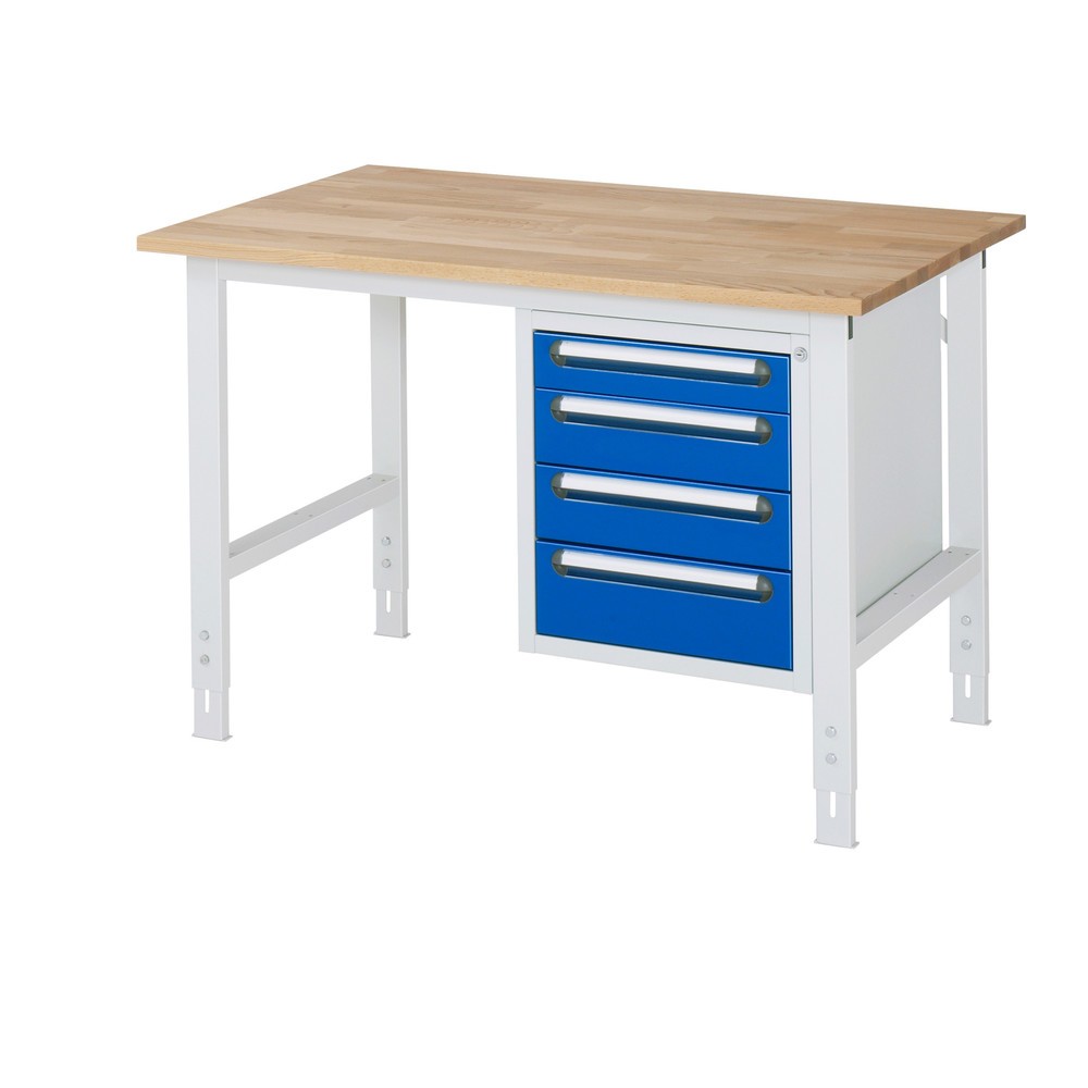 Číslo obrázku produktu 1: Pracovní stůl RAU ve výškově nastavitelném provedení, řada TOM, VxŠxH 760-1 080 x 1 250 x 800 mm, 4 zásuvky, pracovní deska z bukového masivu