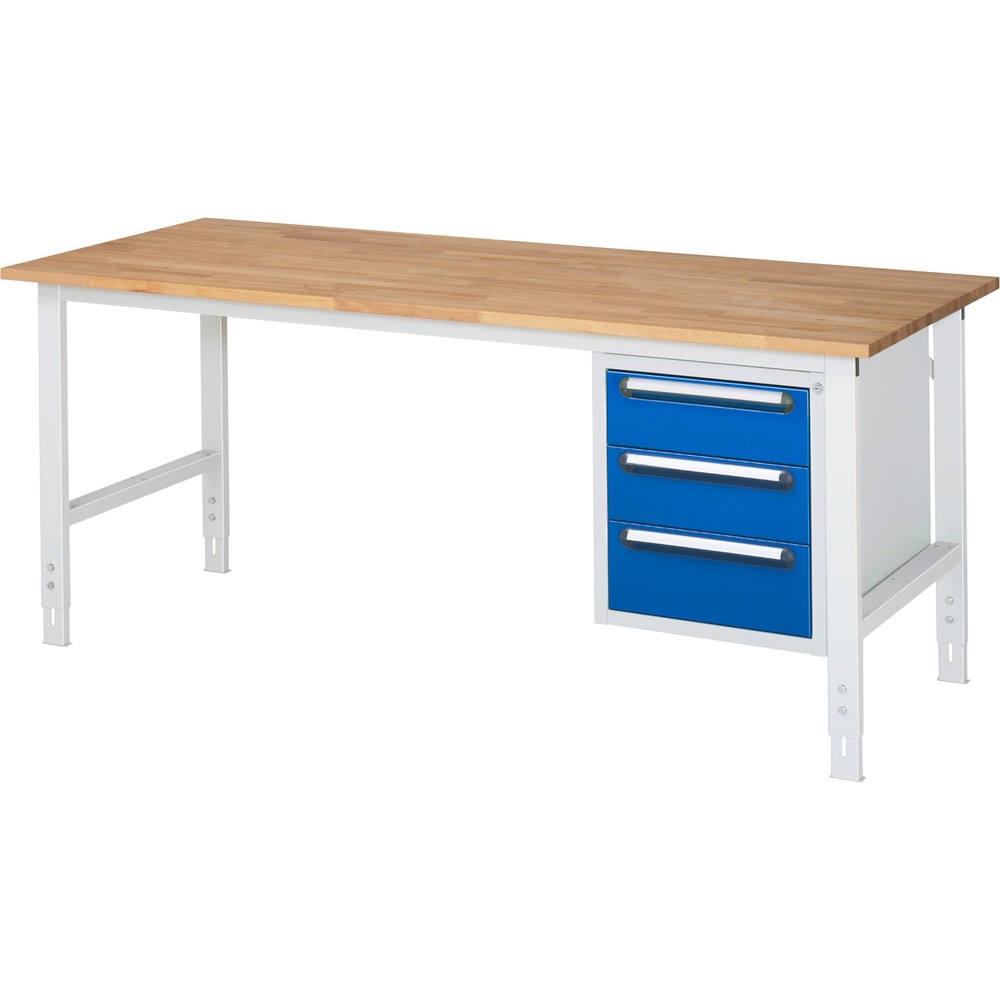 Číslo obrázku produktu 1: Pracovní stůl RAU ve výškově nastavitelném provedení, řada TOM, VxŠxH 760-1 080 x 2 500 x 800 mm, 4 zásuvky, pracovní deska z bukového masivu