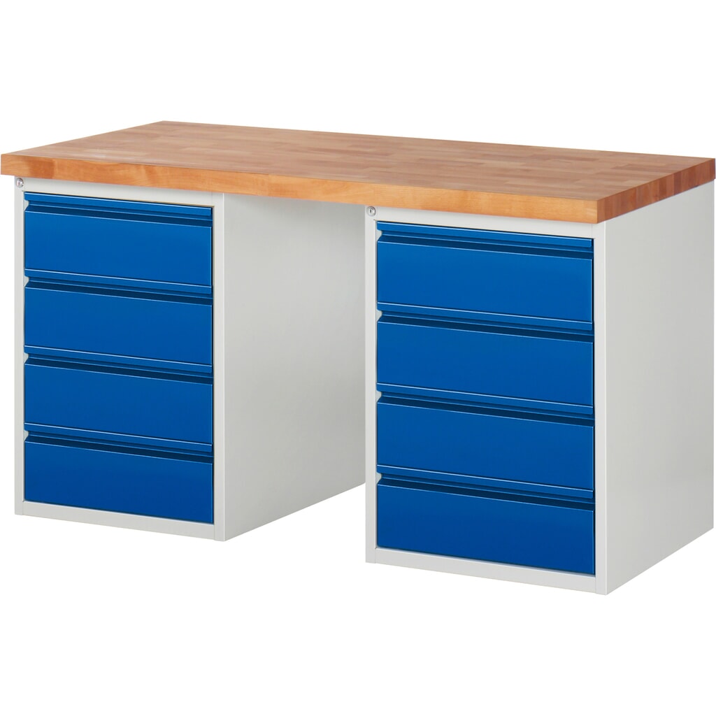 Pracovní stůl Steinbock® se 2x 4 zásuvkami, V׊×H 840 × 1500 × 700 mm, RAL 7035/5010 Obrázek produktu: Pracovní stůl Steinbock® se 2x 4 zásuvkami, V׊×H 840 × 1500 × 700 mm, RAL 7035/5010